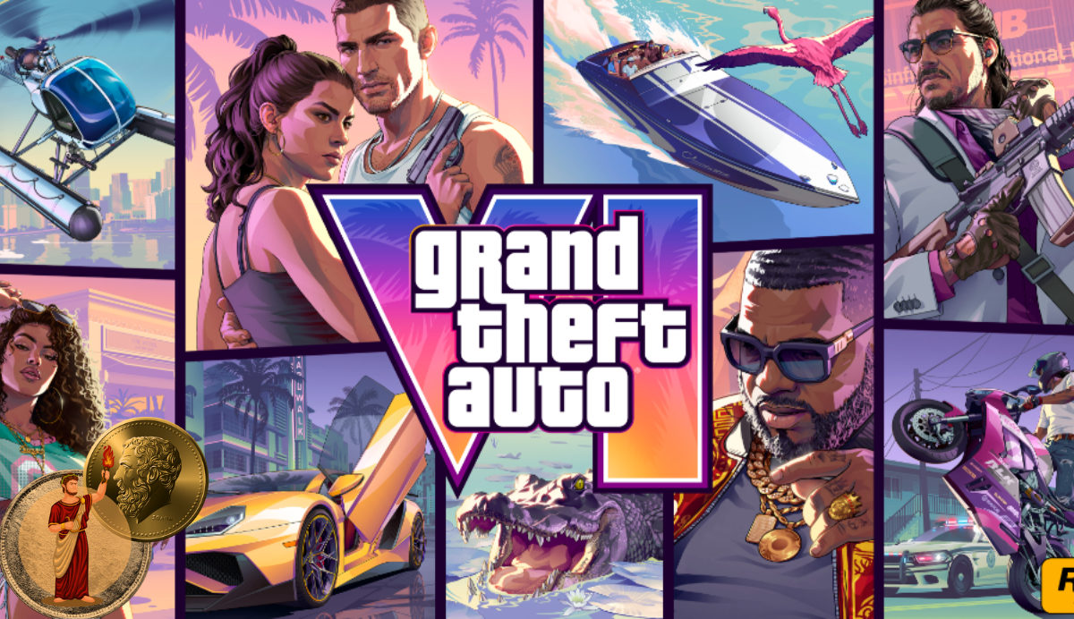 GTA 6 cover art featuring Jason and Lucia leaning against a car in Vice City neon-lit backdrop